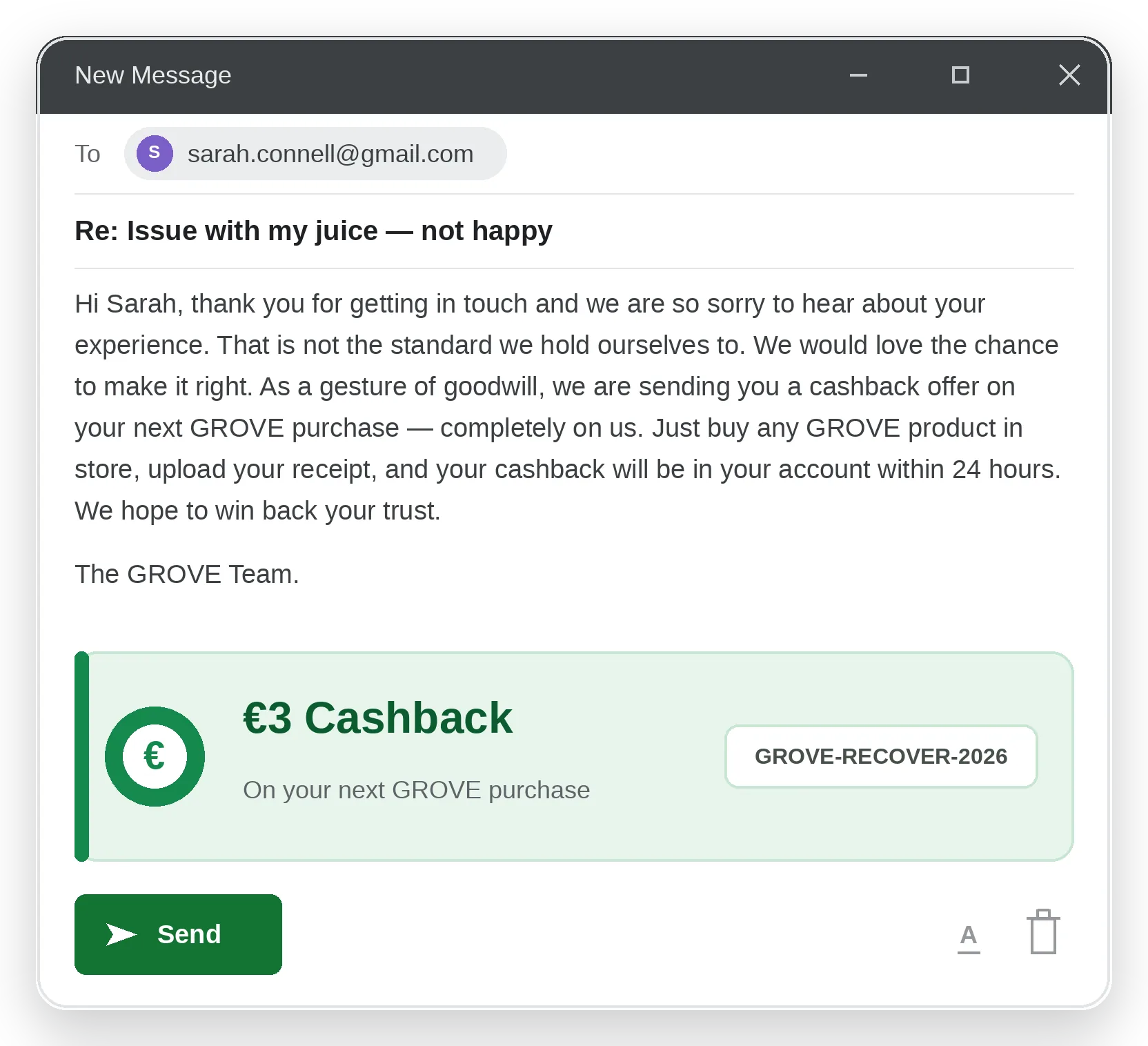 A brand email reply offering Sarah a €3 recovery cashback offer on her next GROVE purchase, with a redemption code, marked recovery offer sent.