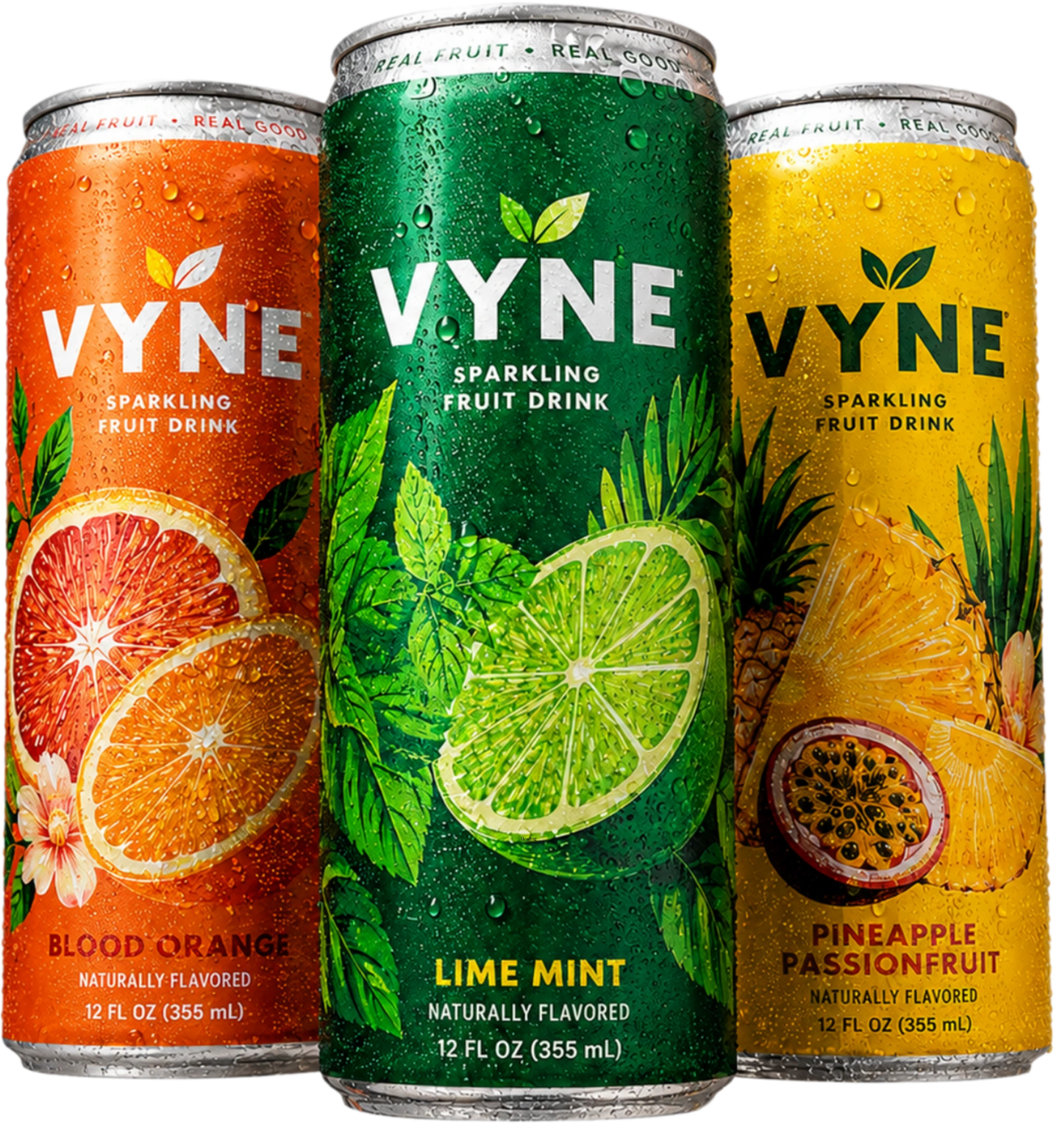 VYNE sparkling fruit drink cans in blood orange, lime mint and pineapple passionfruit