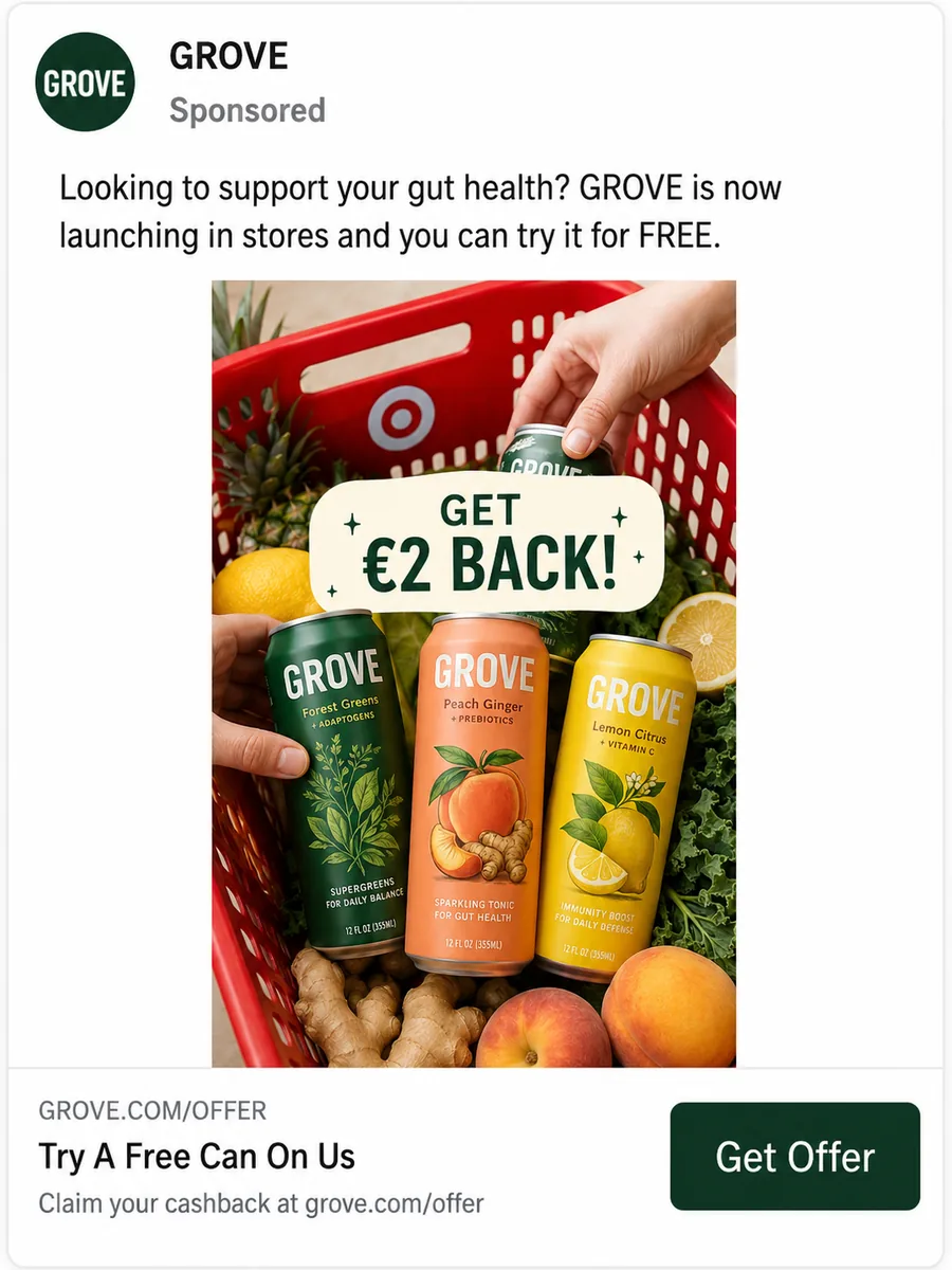 Sponsored social ad: GROVE is now in stores, get two euro back.