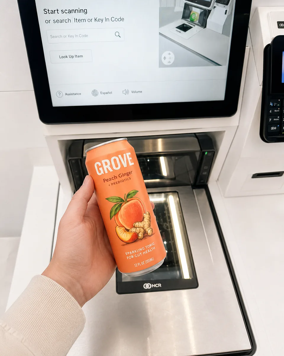 A shopper scanning a GROVE Peach Ginger can at a supermarket self-checkout.