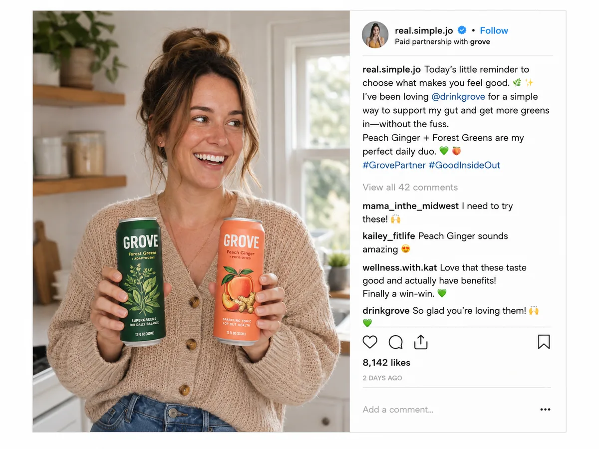 Instagram influencer post: a creator holding two GROVE cans, marked as a paid partnership with GROVE.