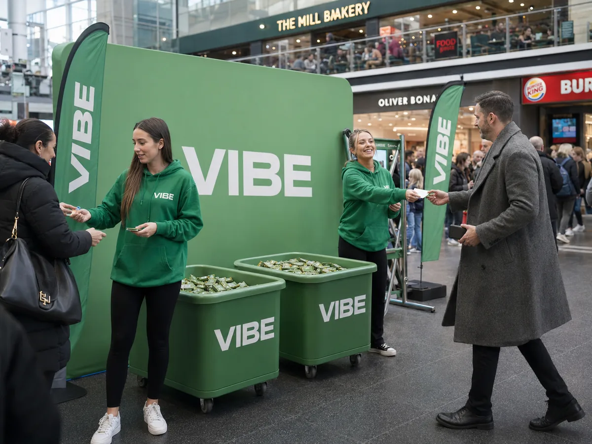 Brand ambassadors at a VIBE sampling stand in a shopping centre, handing out samples to passing shoppers.