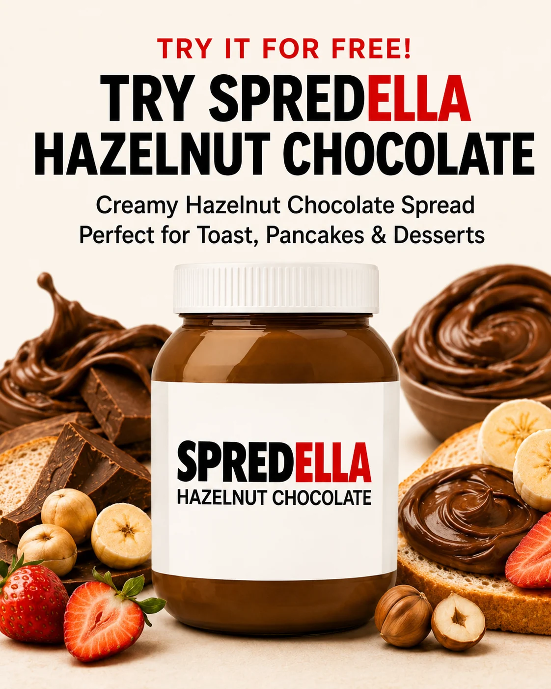 Spredella hazelnut chocolate spread advert, try it for free