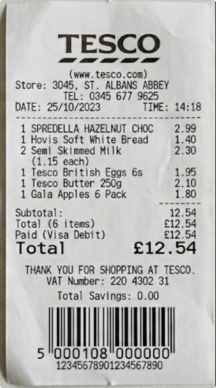 Tesco receipt showing a Spredella purchase