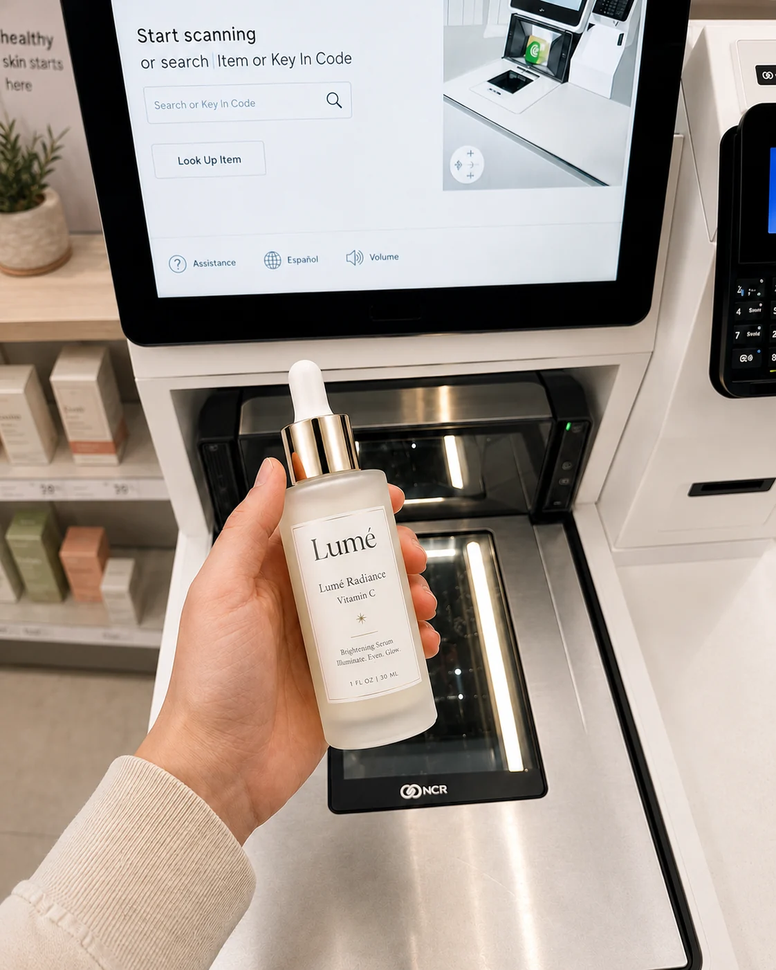 A shopper scanning a Lume Radiance Vitamin C serum at a supermarket self-checkout.