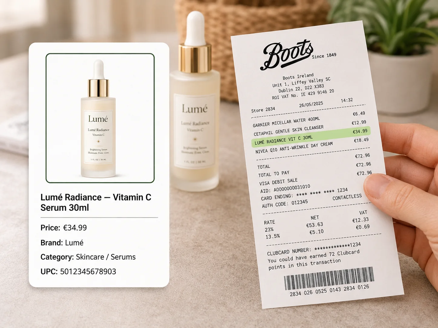 A Boots Ireland receipt with the Lume Radiance Vitamin C line item highlighted and matched to the product.